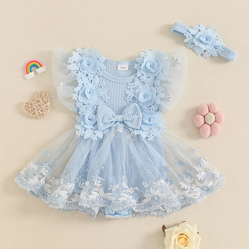 VISgogo Baby Girls Rompers Dress 3D Flower Embroidery Round Neck Mesh Skirt Hem Infant Bodysuits Jumpsuits with Headband