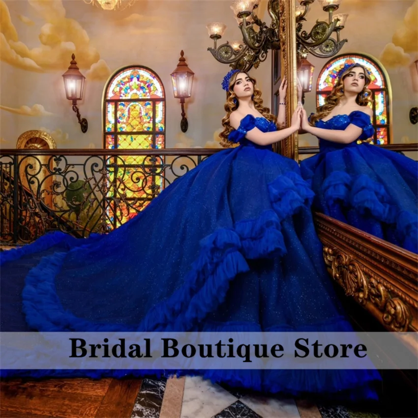 

Glitter Royal Blue Quinceanera Dress Sweet 16 Ball Gown Luxury Crystal Ruffles Princess Vestidos De XV Anos Customized