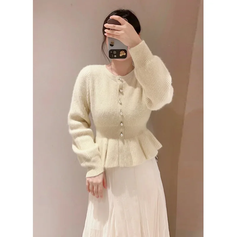 2023 Autumn Winter New Women's Skirt Swing Waist Trimming Ruffles Knitted Cardigan Sweater Single-Breasted Slim Knitwear Coat