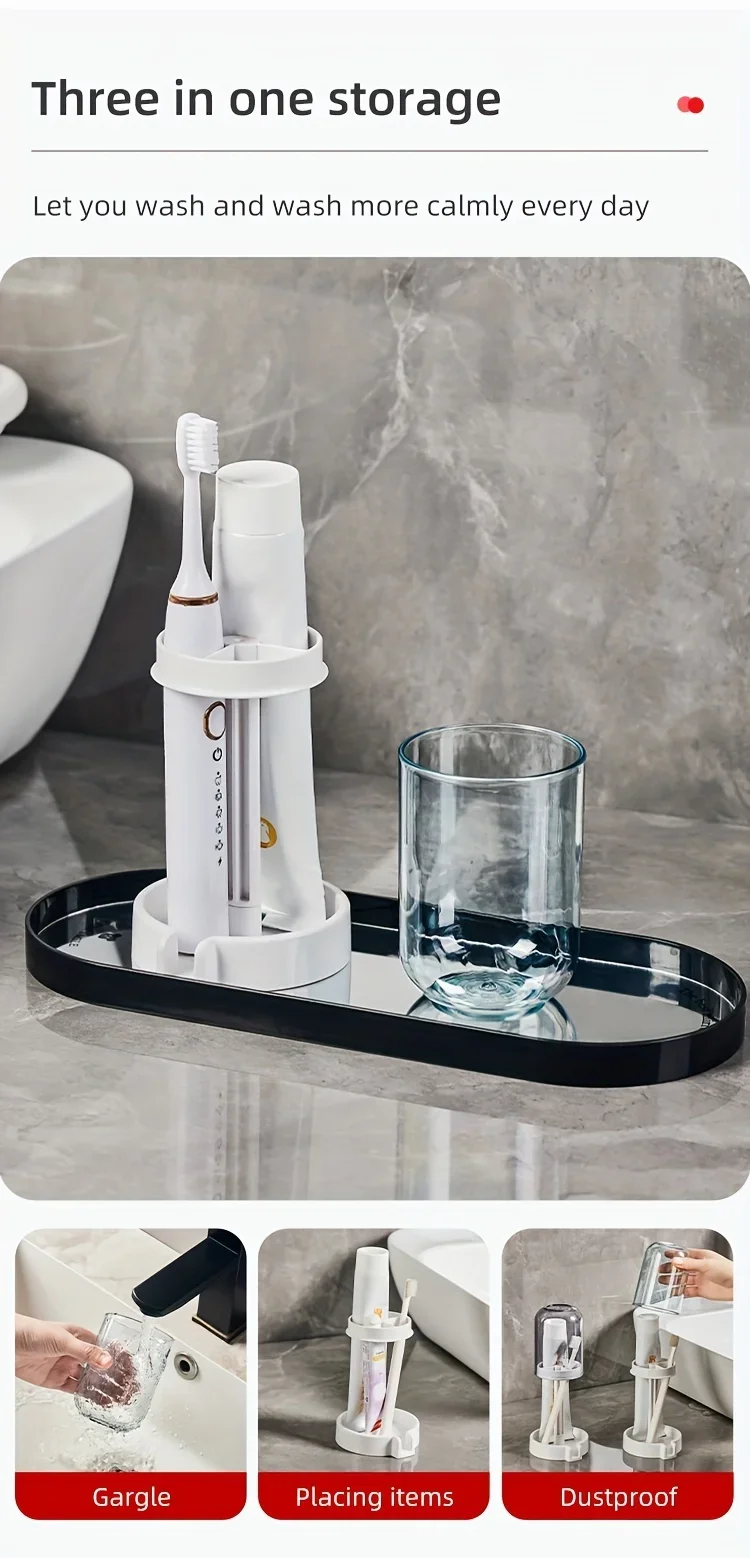 Toothbrush Holder with Dust Cover, Drainage Design, Plastic Multifunctional Bathroom Toothbrush and Cup Organizer