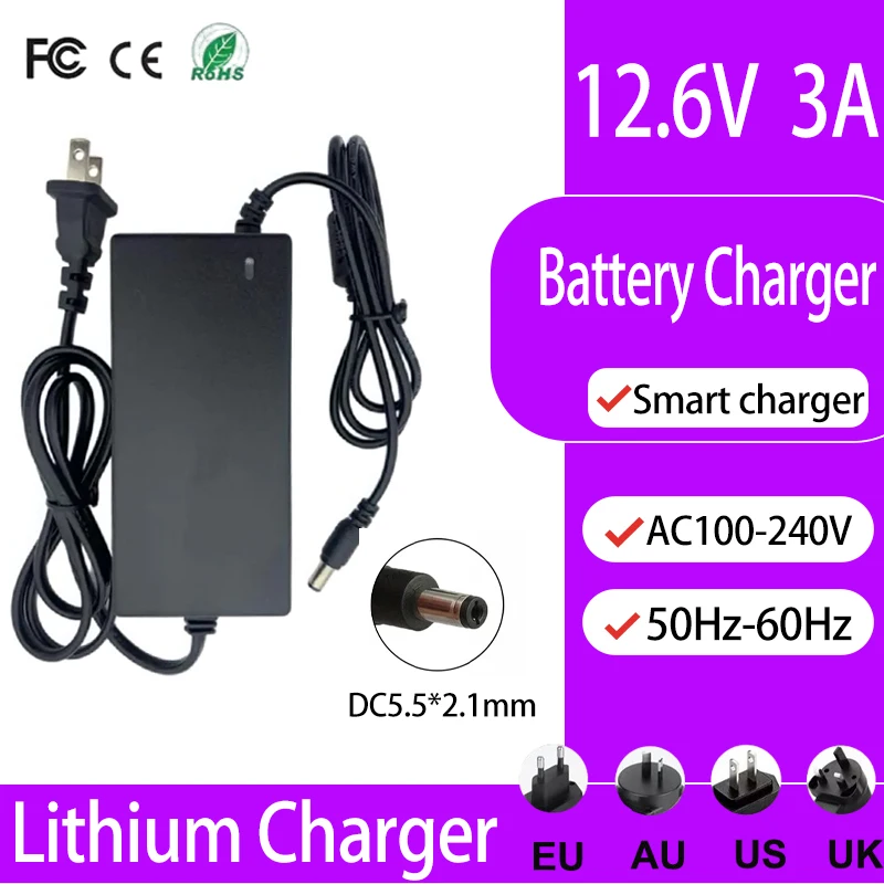 

12.6V 3A Lithium Battery Charger AC100-240V to DC For 11.1V 3S 12V Electric tool Li-ion battery pack Fast charging DC5.5*2.1mm