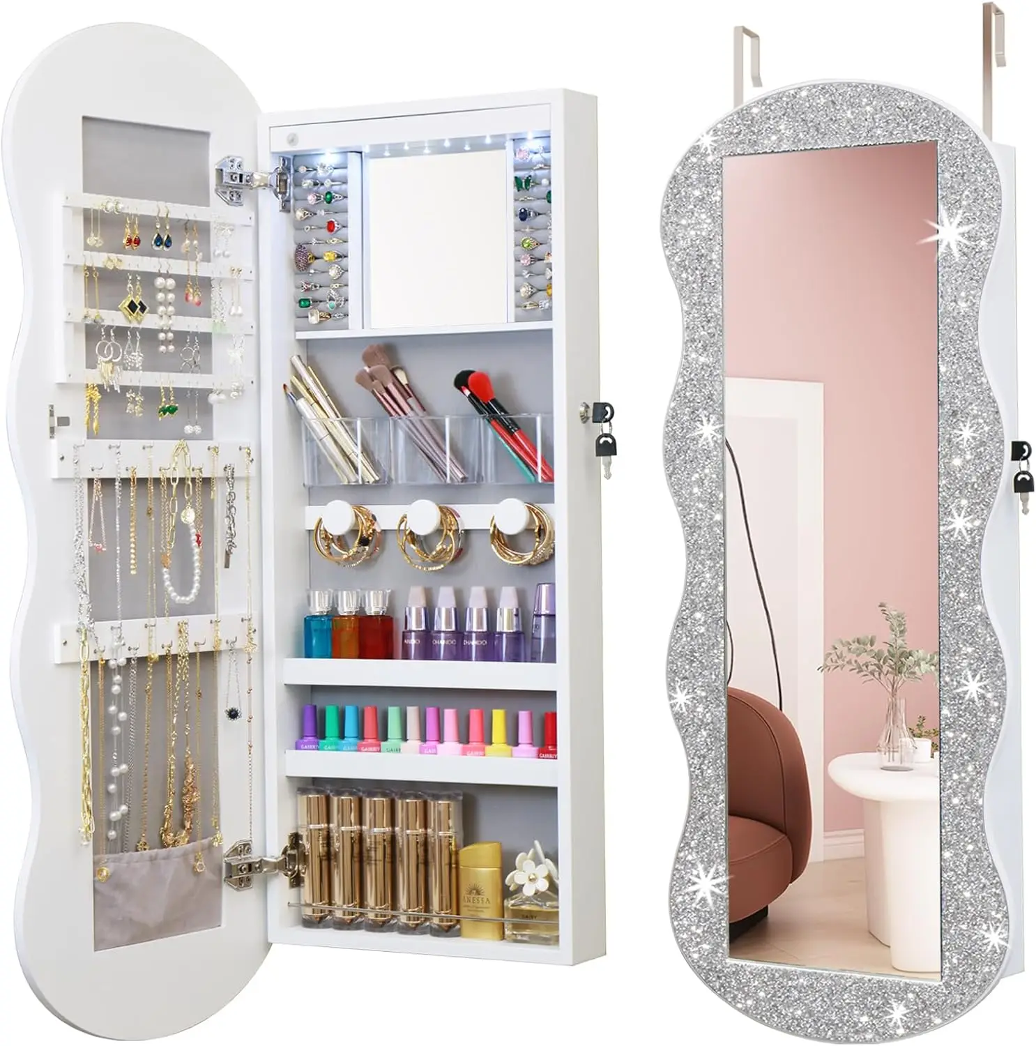 Jewelry Organizer, LED Jewelry Cabinet Wall/Door Mounted, Lockable Wavy Mirror with Storage, Crushed Diamonds Mirror