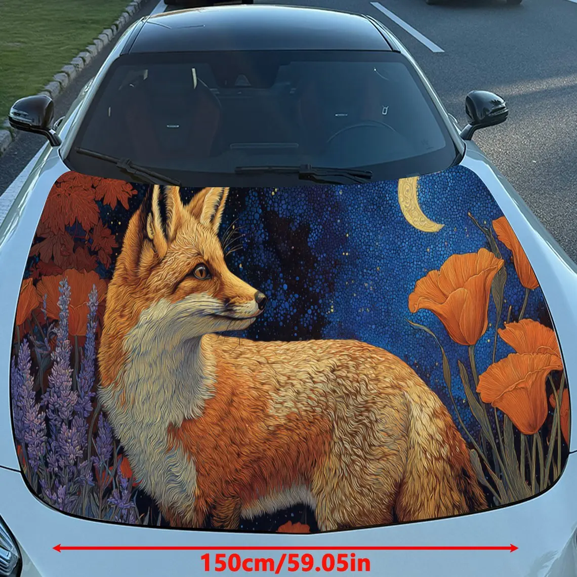 Enchanting Fox under Moonlight PVC Car Engine Hood Vinyl Wraps, Self-Adhesive Waterproof Car Hood Decal Sticker, Car Decoration