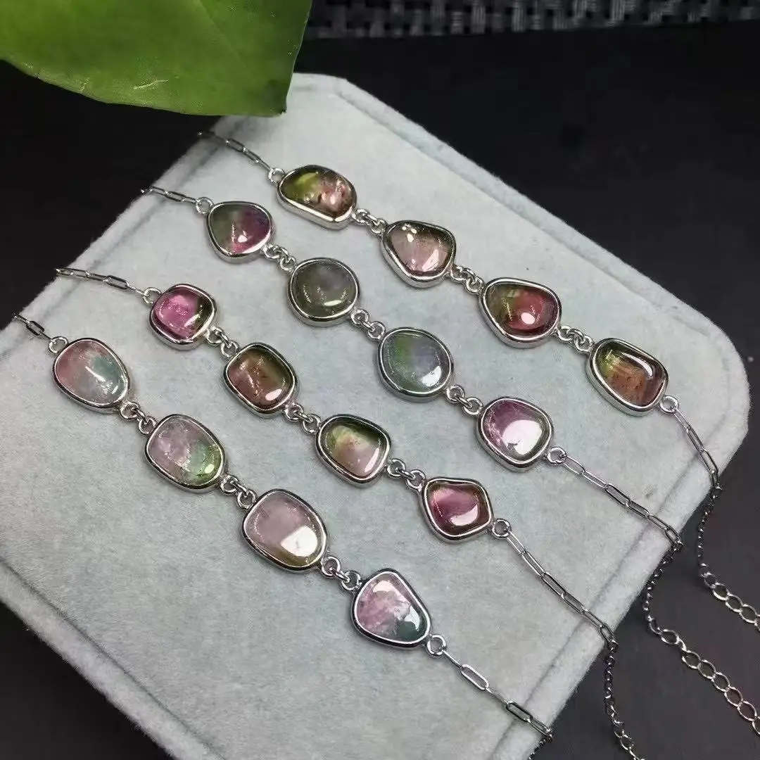 Unit One Bracelet 925 Silver Natural Watermelon Tourmaline Healing Crystal Random Shape Bracelet For Jewelry Gift