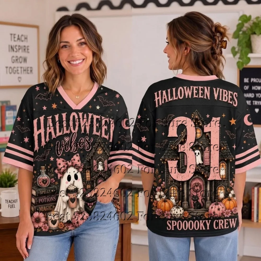 Halloween Spooky Squad Grafik-Mesh-Jersey-Shirt für Damen, Niedlicher Geist-Kürbis, V-Ausschnitt, Kurzarm, Locker, Sportliches Trick-Party-Outfit – Detail 4