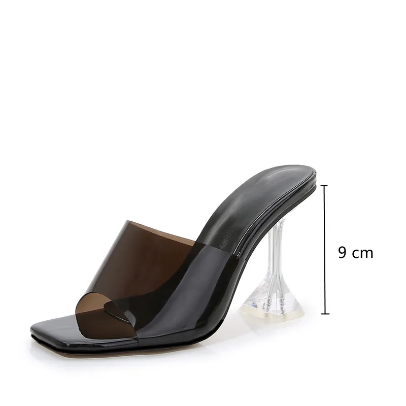 Fashion Square toe Soft PVC Women Sandals Crystal Clear High Heels Mules Slides Summer Outside Female Vacation Beach Shoes