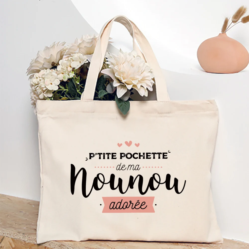 Thank You Nounou French Printed Women Tote Bag Canvas Shopping Bags Female Shoulder Bags Reusable Handbag Thanks Gift for Nounou