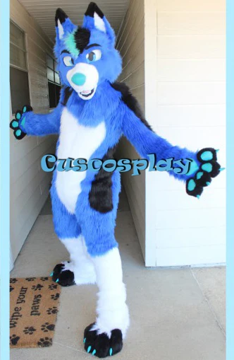 

Blue White Long Fur Furry Husky Dog Wolf Fox Fursuit Mascot Costume Adult Cartoon Character Suit Real Play Trade Shows