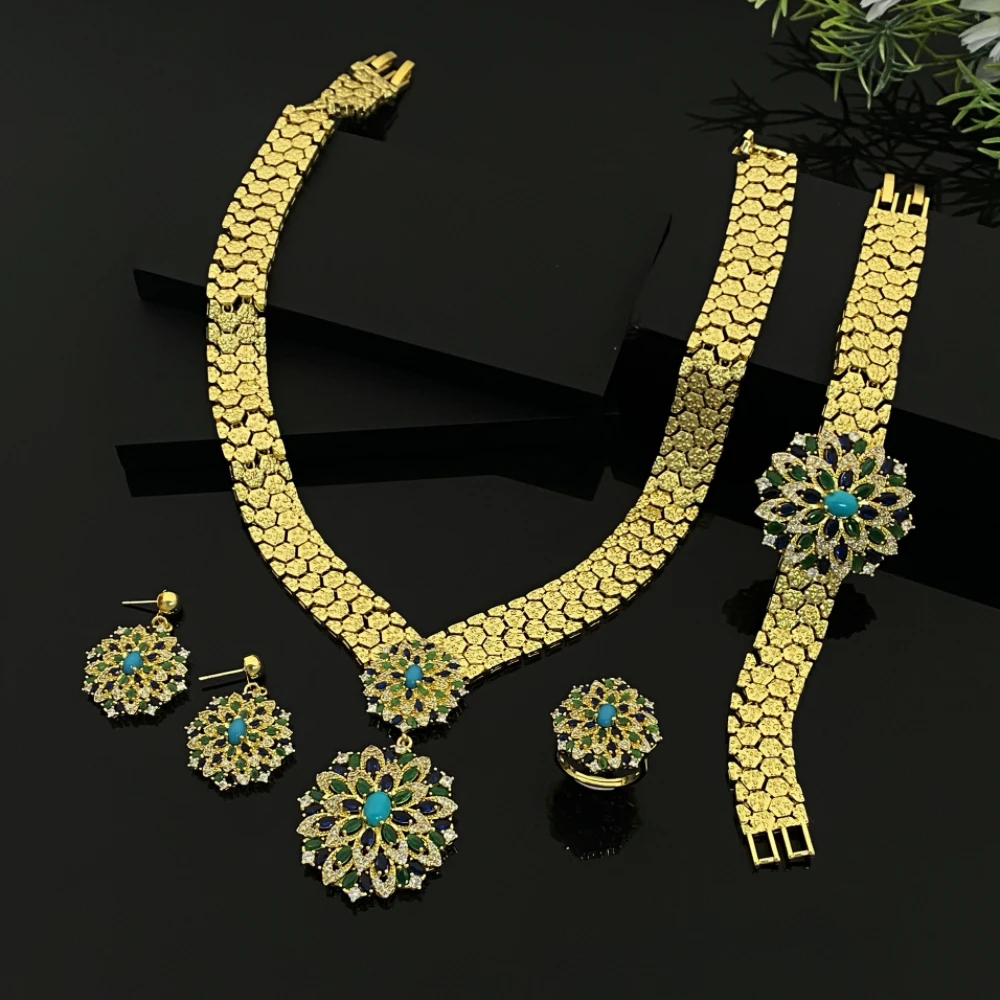 

Falair Gold Plated Copper Simulated Cubic Zirconia Jewelry Set Bracelet Ring Necklace Earrings for Party Accessory Set