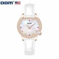 DOM 1529 Quartz Watch Women Casual Fashion Diamond Golden Watches White Leather Pointer Ladies Wristwatches for Girls Clock Gift