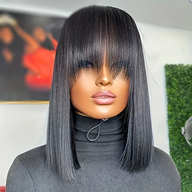 شعر مستعار أسود قصير بوب مستقيم الدانتيل الجبهة الباروكات مع الانفجارات 13X4 HD بوب الدانتيل الباروكة الأمامية قبل قطعها الاصطناعية تأثيري للنساء