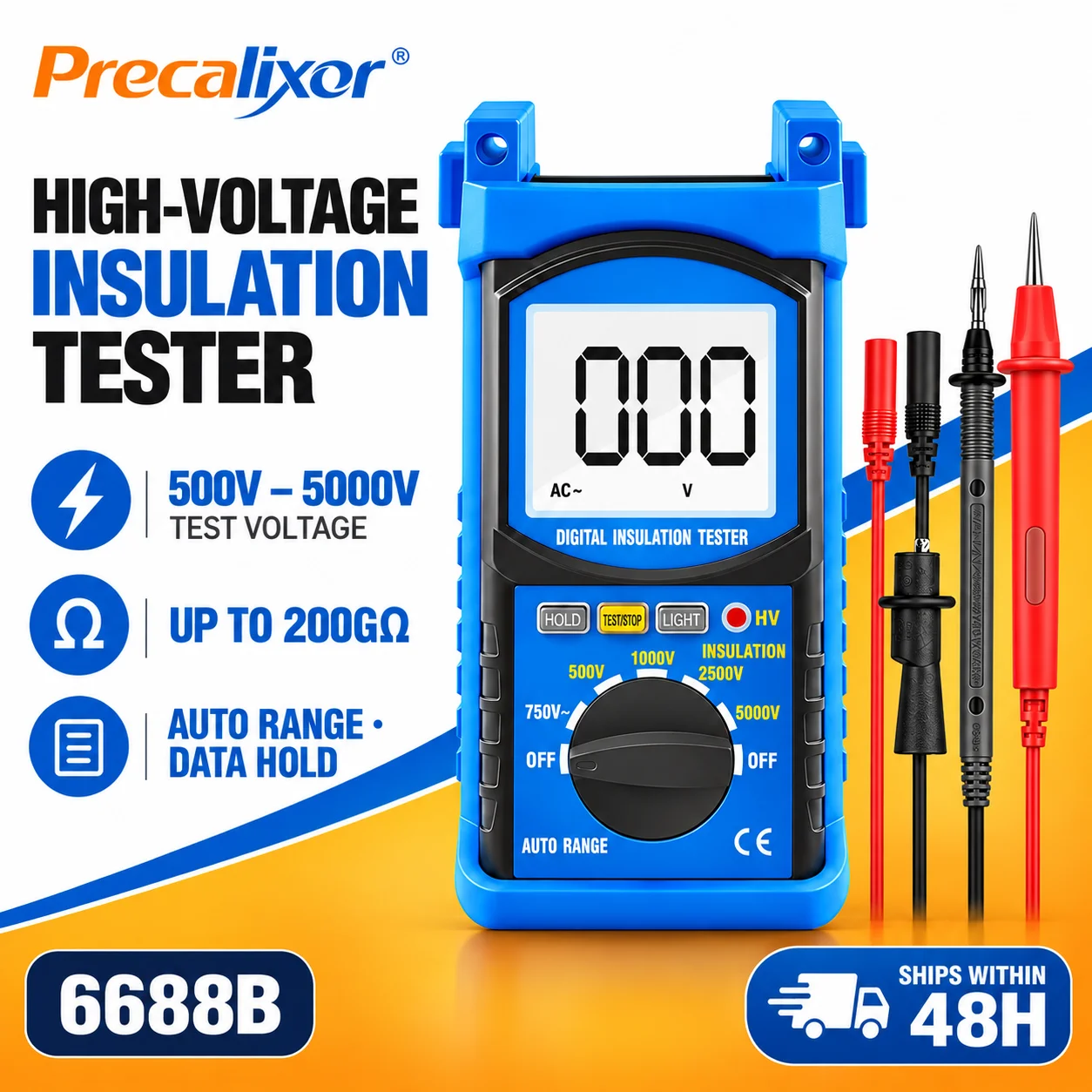 Digital Megohmmeter 5000V 200GΩ Insulation Resistance Tester Auto Range 500V 1000V 2500V LCD Backlight Data Hold for Cable Motor