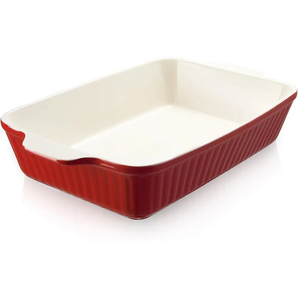

9x13-inch Deep Casserole Bg Dish or Lasagna, 135 oz Ceic Pan with Handles, Oven Sae or Bg and Home Decor, Red