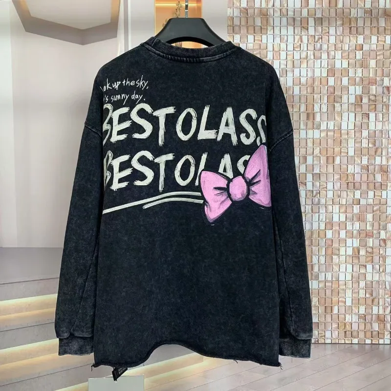 Heavy Industry Loose Fashion Washing Cartoon Small Crew Neck Popular Sweatshirts 2025 Autumn And Winter New Hoodies Top Pullover
