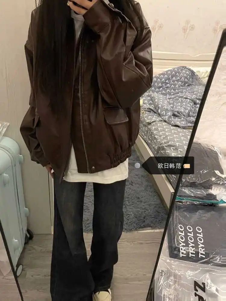 

2025 Autumn Winter Women 2000s Vintage Cleanfit Pu Faux Leather Racer Jacket Long Sleeve Coat Harajuku Outwear Oversize Punk