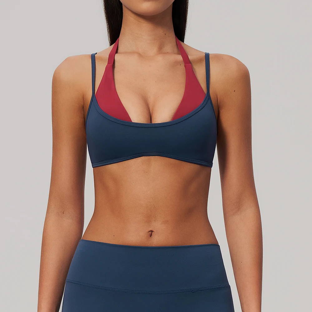 Yoga Bra Women's Fitness Top Running Workouts Vest Gym Tank Push Up Sports Underwear Colorblock Halter Deep V Backless Crop Top