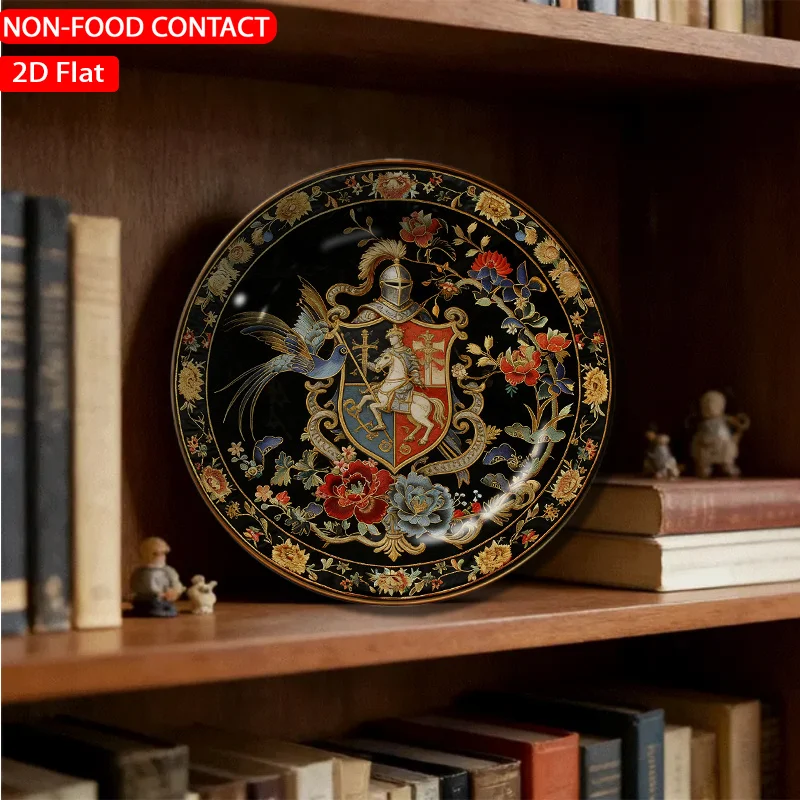 1pc Embroidered Heraldic Knight Black Ceramic Plate Non-food Contact, Home Desk Ornaments, Living Room and Bedroom Decorations,