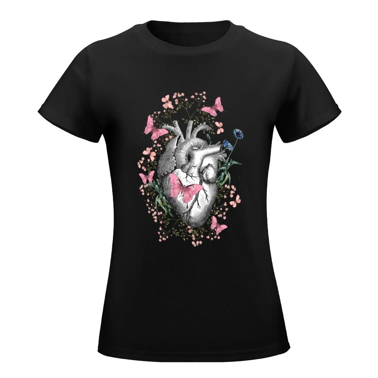 Floral and pink butterflies with Human Heart in love, vintage effect watercolor pink flowers, Heart, anatomical Human he T-Shirt