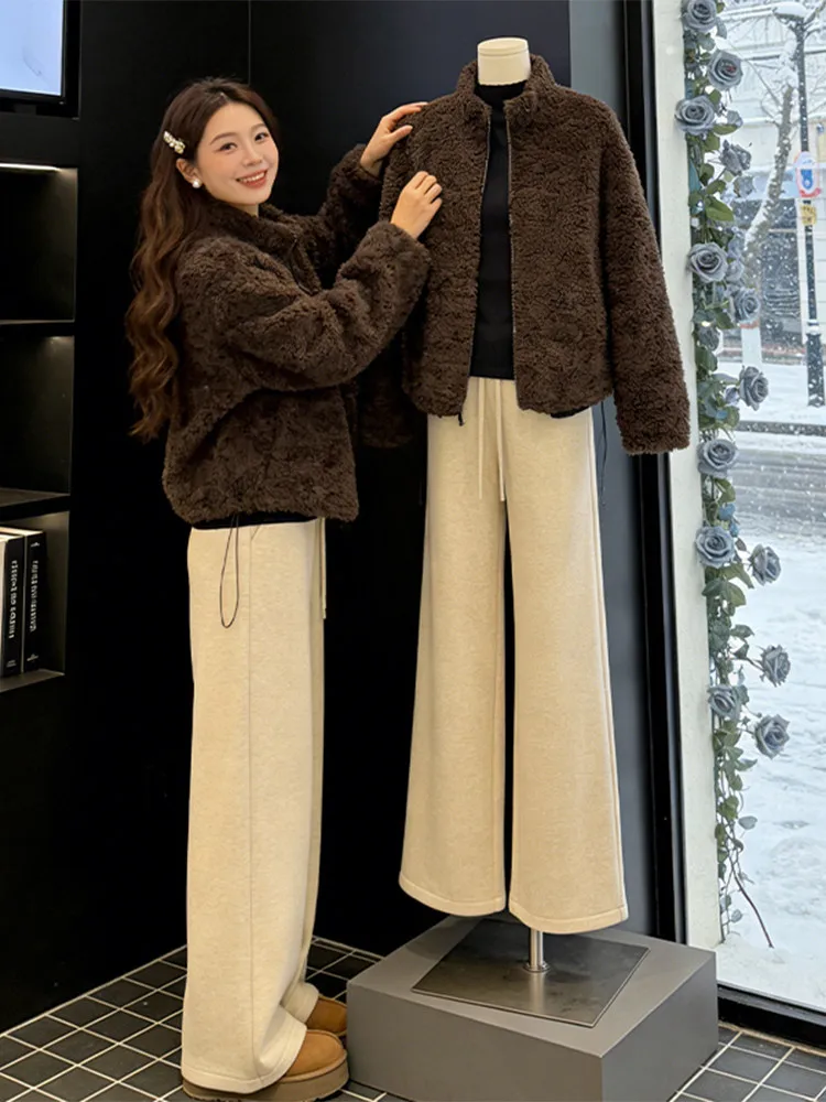 

Women's Thiened Plu Jaet Stand Collar Lamb Fur Simulation Winter New Sle Warmth Cardigan Faionable ort Coat