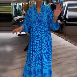 Women Casual Flower Print Long Party Dress 2024 Spring Elegant V Neck Loose Maxi Dress Autumn Long Sleeve Boho Pullover Dresses