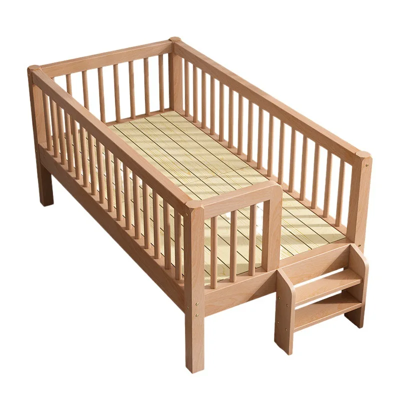 All solid wood children's splicing bed with guardrail widened baby cot boy girl log adult can sleep beech bed