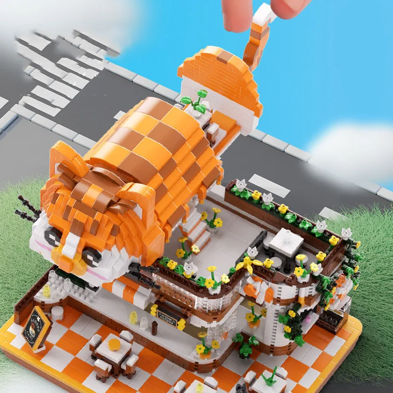 Moc panda hambúrguer gato café blocos de construção conjunto comida rua loja arquitetura brinquedos para crianças aniversário presentes do dia especial