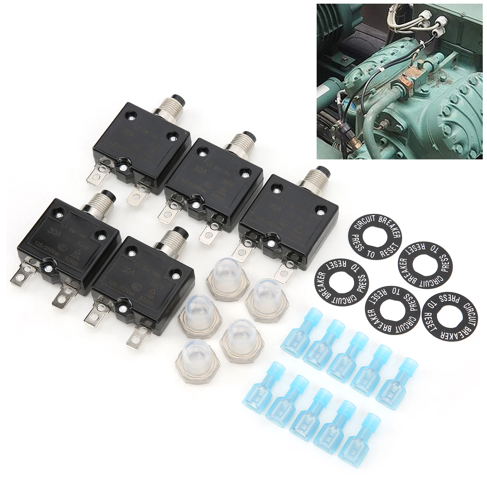 25PCS 30Amp Thermal Circuit Breaker 125‑250VAC 50VDC with Quick Connect Terminals Waterproof Button Cap Kit