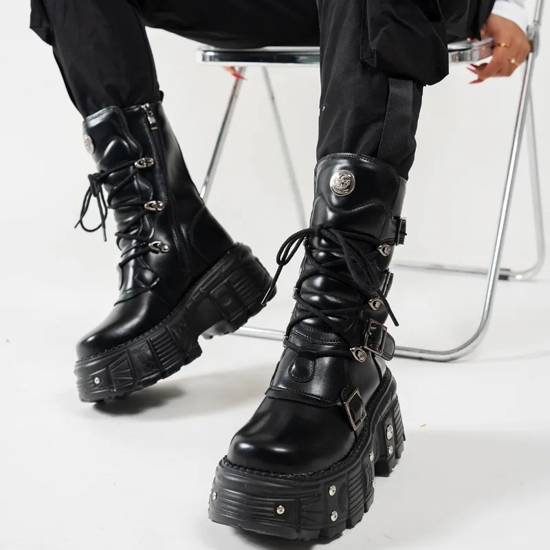 

Новинка 2024 года, женская обувь в стиле панк, туфли на платформе со шнуровкой, женские ботинки с металлическим декором, уличная короткая рыцарь с толстой подошвой, женские ботинки