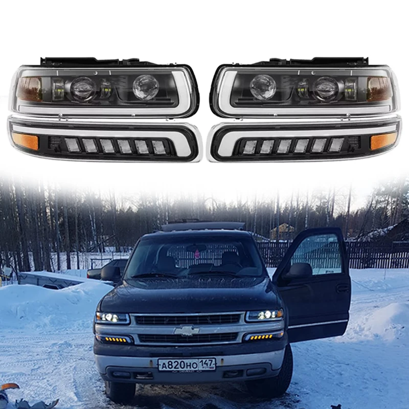 

Car LED Headlight Lights Assembly Auto Turn Signal Lamp DRL Bulbs For 1999-2002 Chevy Silverado 2000-2006 Suburban Tahoe Black