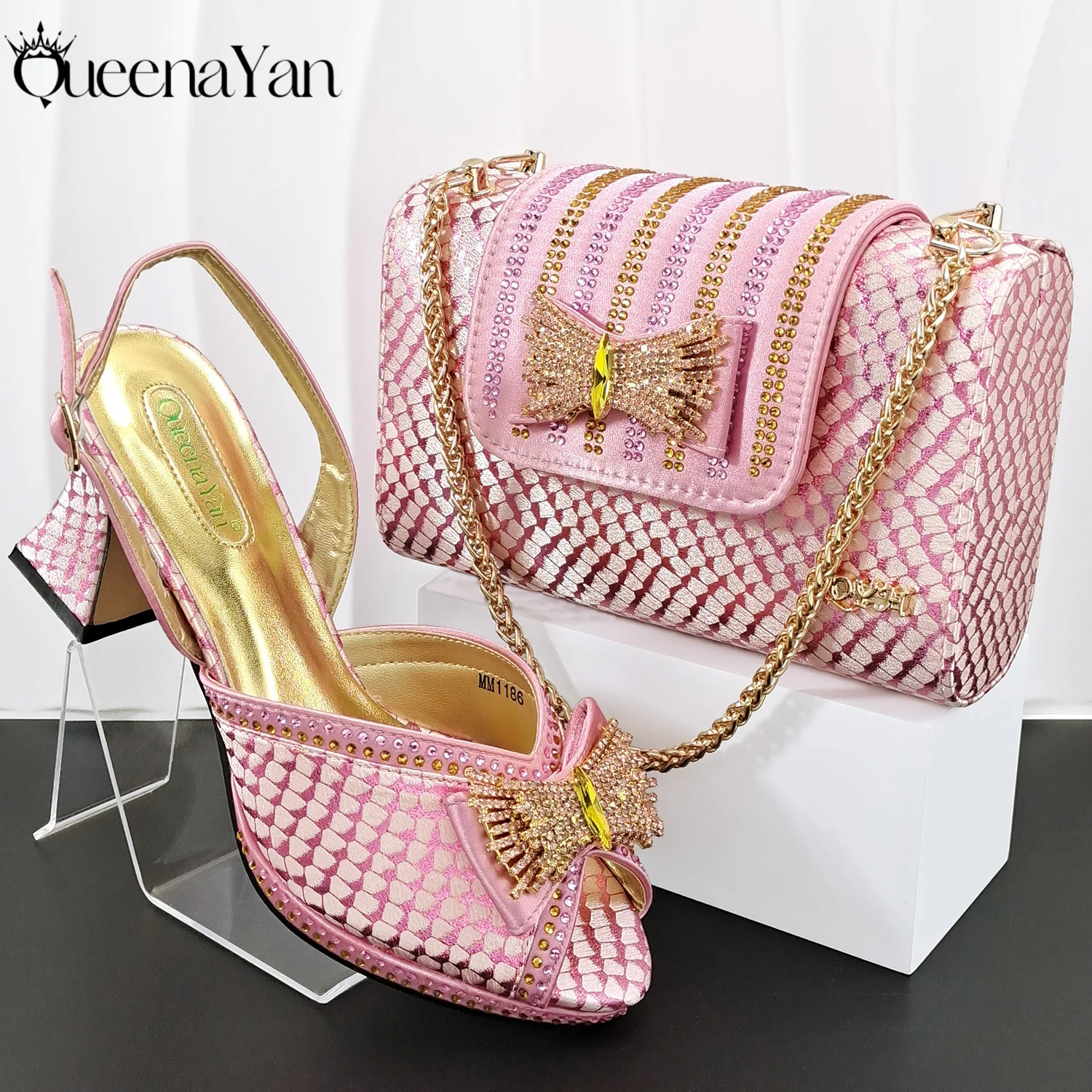 

QueenaYan New Striped and Rhinestone Decoration Design Pink Color Sweet Style Party Wedding Peep Toe High Hesls and Bag Set