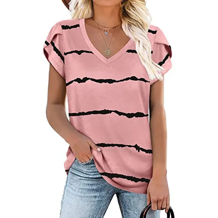 

2025 Women's New Summer Blouse Printed V-neck Short Sleeved T-shirt Loose Casual Foreign Trade Top Soft Comfy Tees Female Tops
