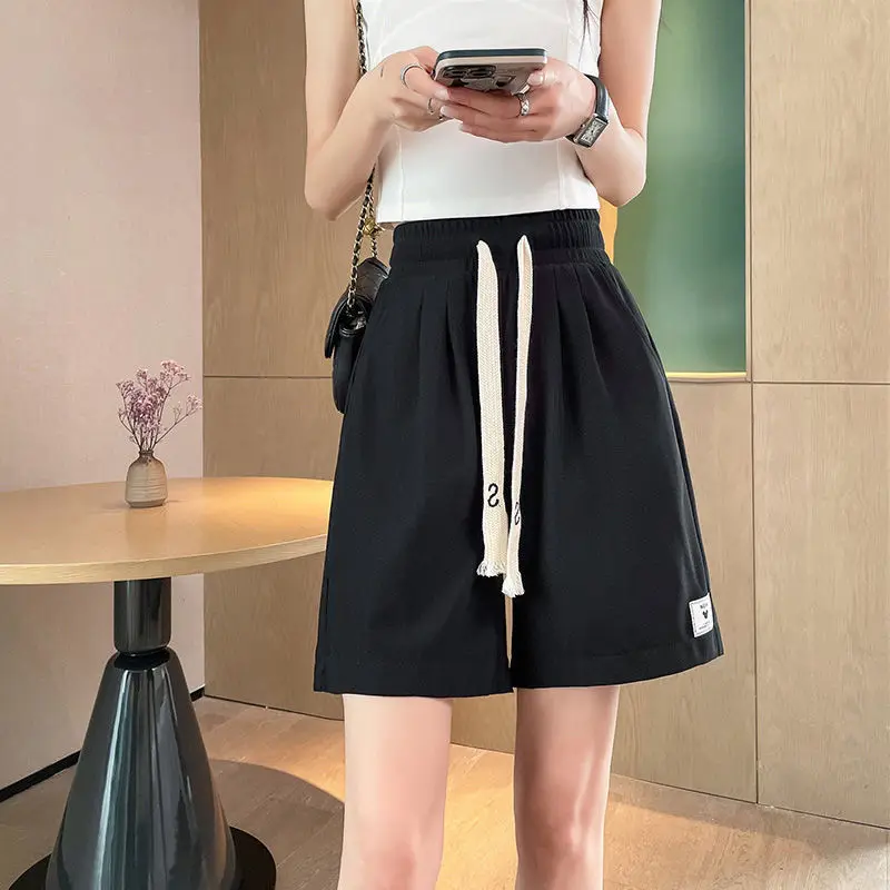 Women Fashion Elastic Waist Pockets Five Points Pants Summer New Thin Casual Solid Bandage Straight Sports Shorts Oversized 5XL