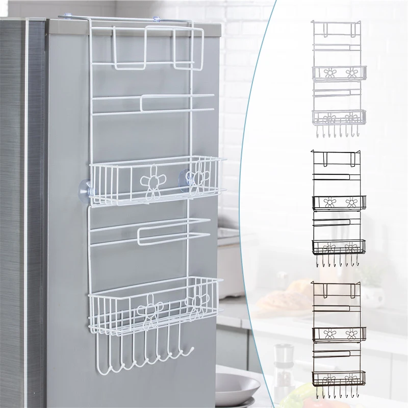 

Black 2 Layer Refrigerator Side Shelf Hanging Rack Storage Rack Wall Mounted Holder For Kitchen Seasoning No Punching Required