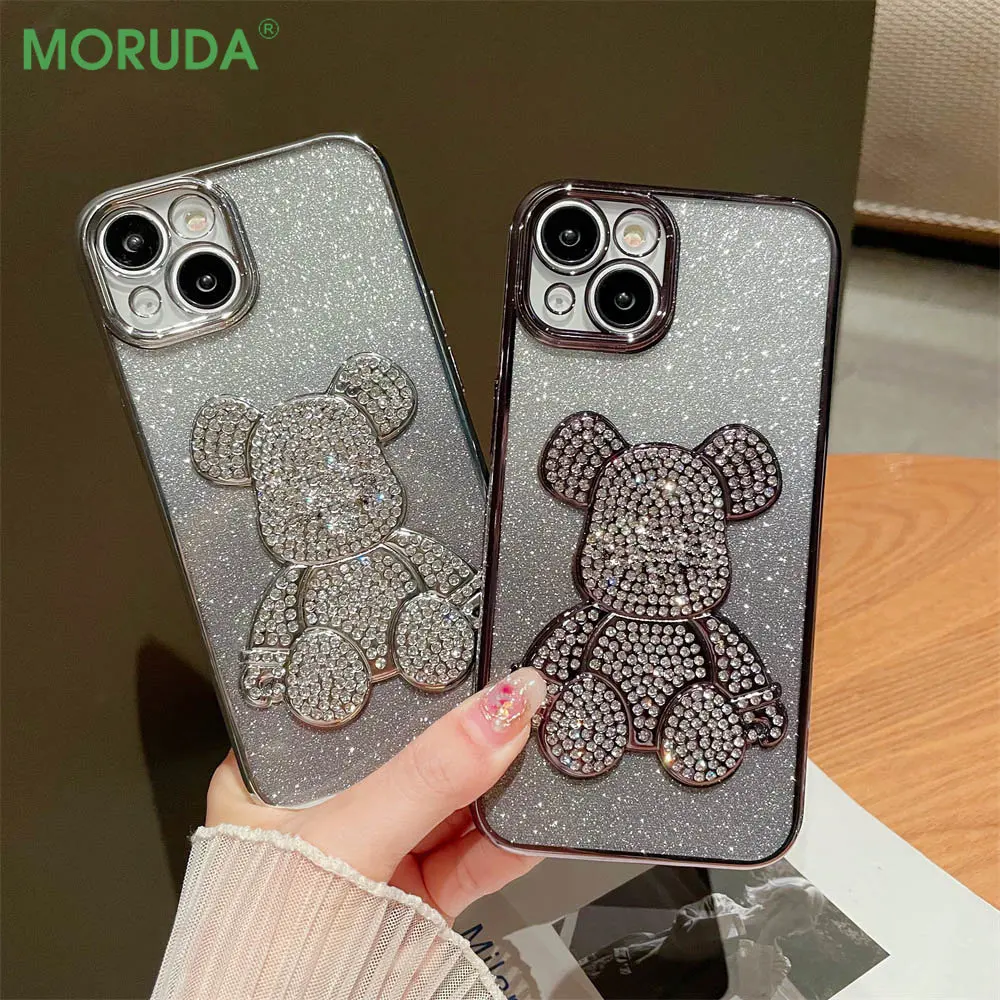 Fashion Crystal Bear Clear Phone Case for iPhone 15 14 13 12 11 Pro Max 14 Plus Plating Frame Gradient Glitter Shockproof Cover