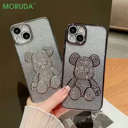 Fashion Crystal Bear Clear Phone Case for iPhone 15 14 13 12 11 Pro Max 14 Plus Plating Frame Gradient Glitter Shockproof Cover