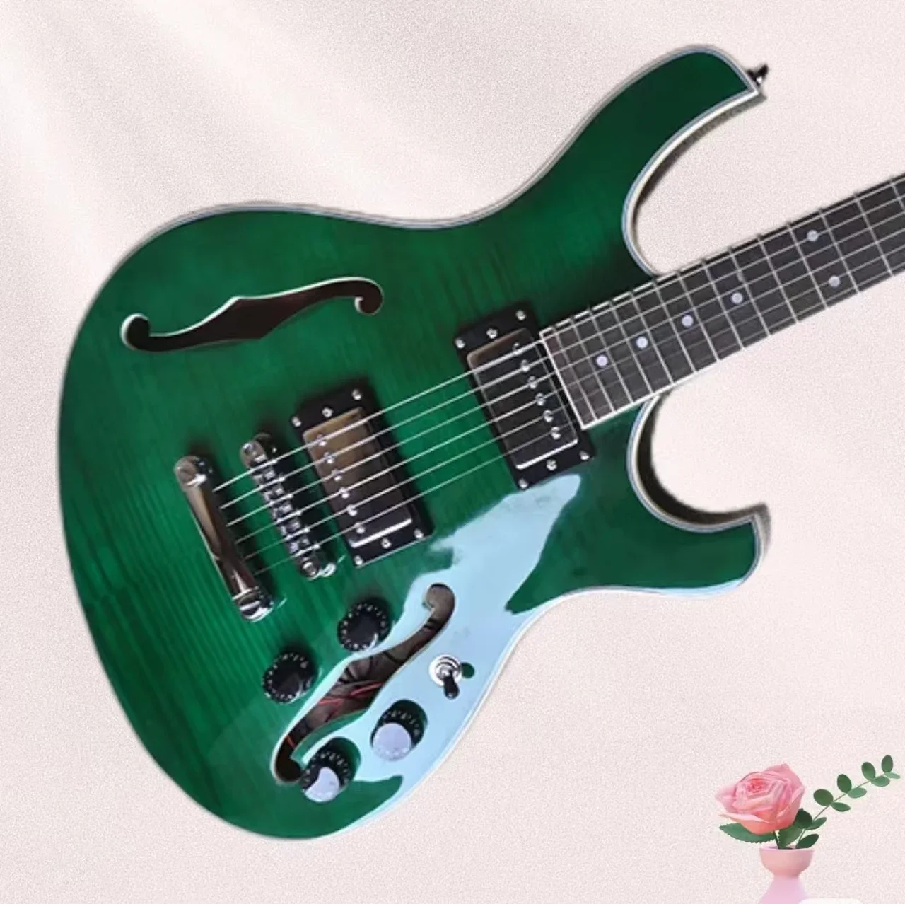 Unique Green Semi-Hollow Electric Guitar with Rosewood Fretboard