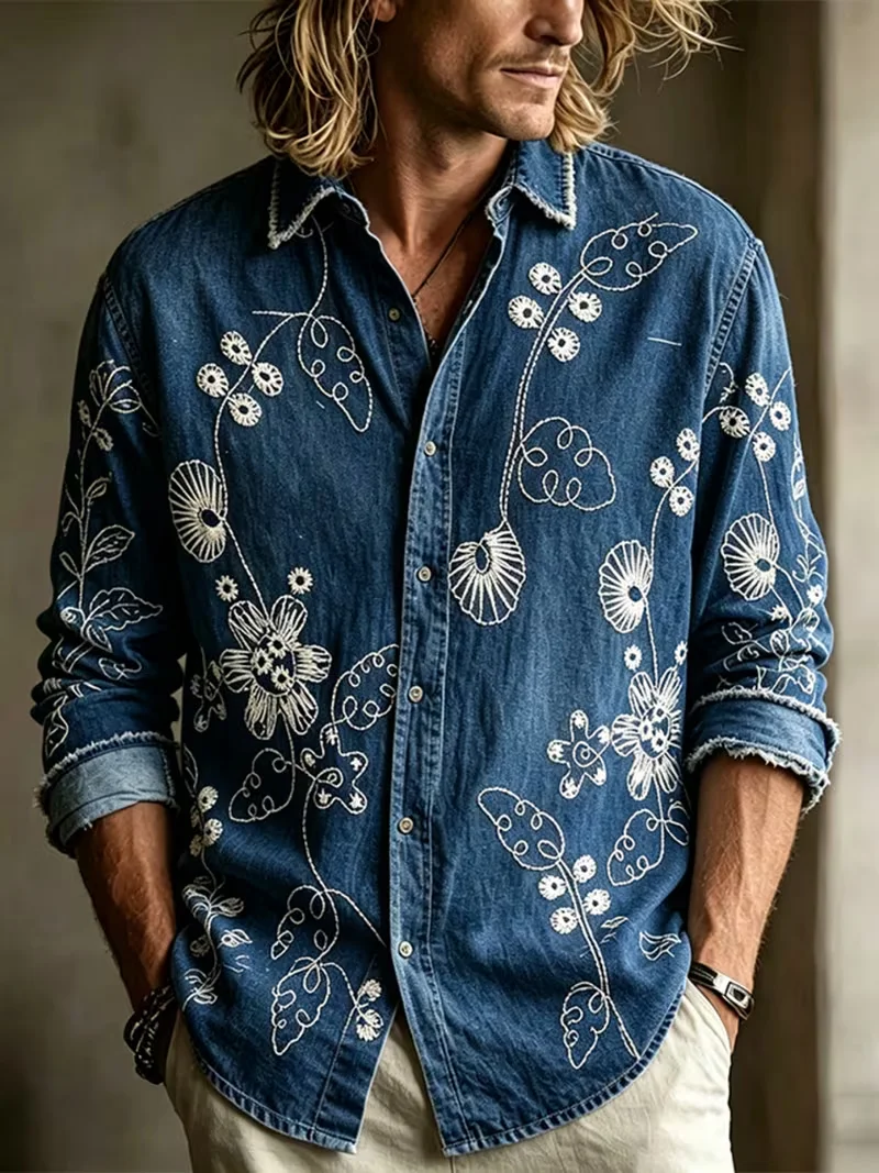 New men's vine flower white line 3D printed pattern long sleeved shirt washed denim collar travel top clothing