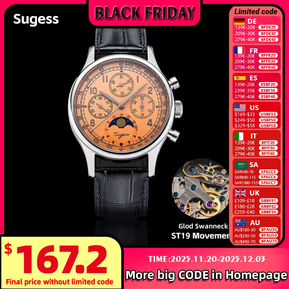 Sugess Watch of Men Chronograph Tianjin ST1908 Swanneck Movement Moonphase Business Mechanical Wristwatches Sapphire 2023 New
