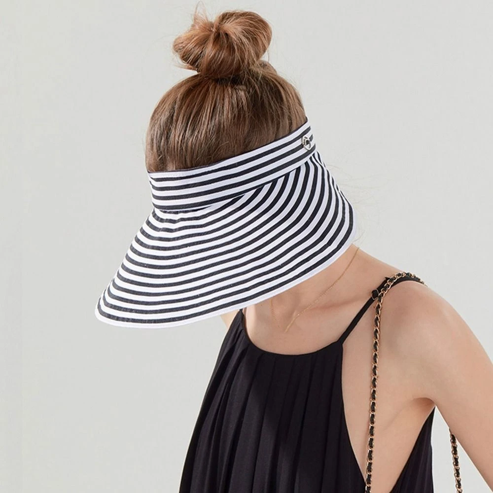 

Fashion Wide Brim Stripe Empty Top Hat Foldable Visor Cap Sunscreen Hat Korean Style UV Protection Sun Protection Cap Travel
