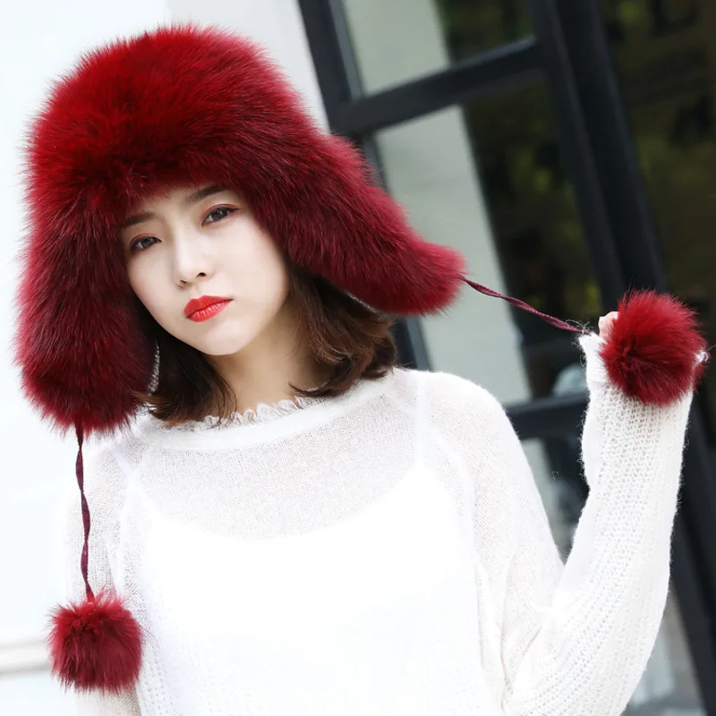 

Real Fox Fur Women's Hats Lei Feng Hat Female Outdoor Windproof Skiing Cap Winter Fashion Natural Fluffy Fur Hat With Earmuffs