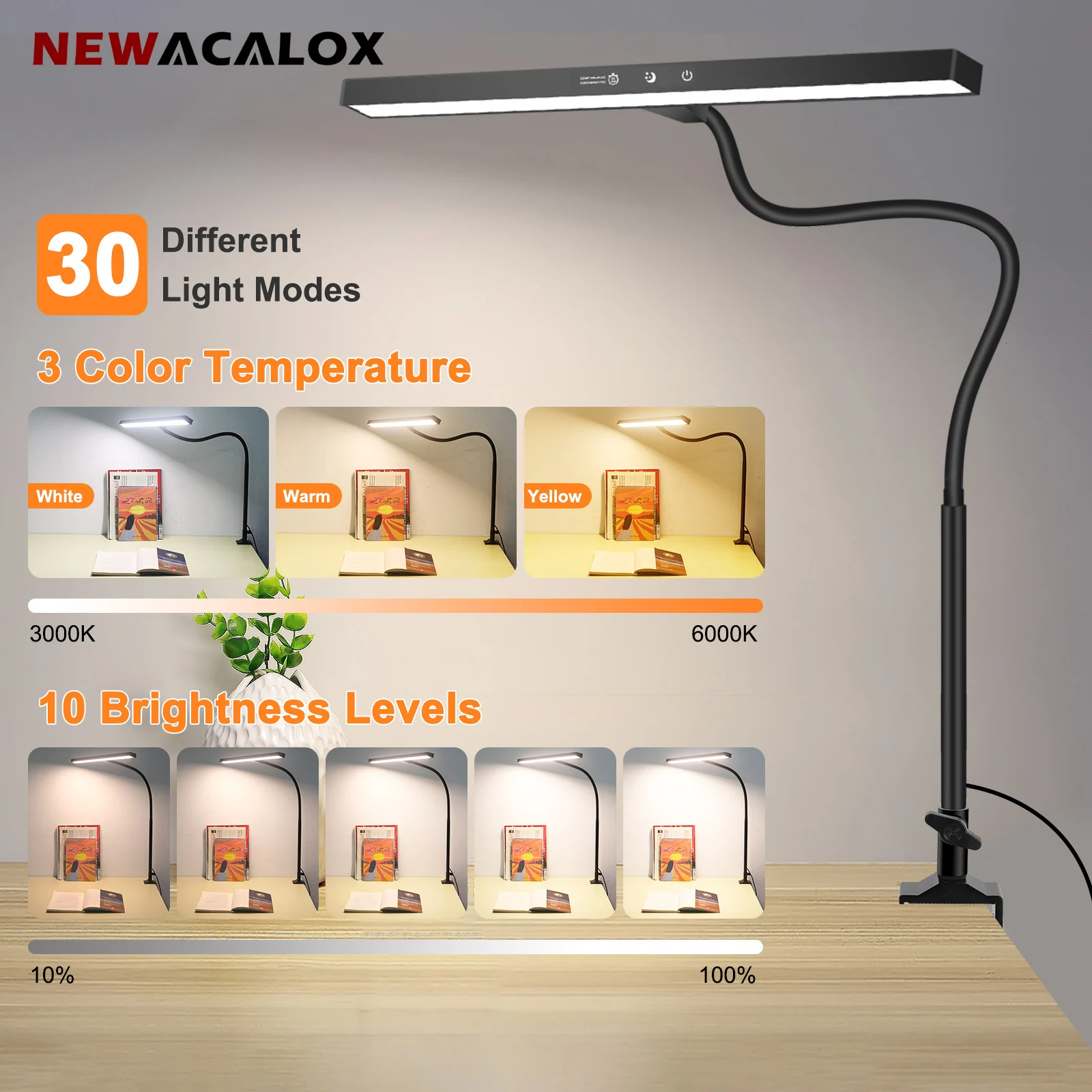 

NEWACALOX Desk Clamp Screen Bar Hanging Light 360 ° Rotary Folding Flexible Arm Support 108Pcs LED SMD Eye Protection Desk Lamp