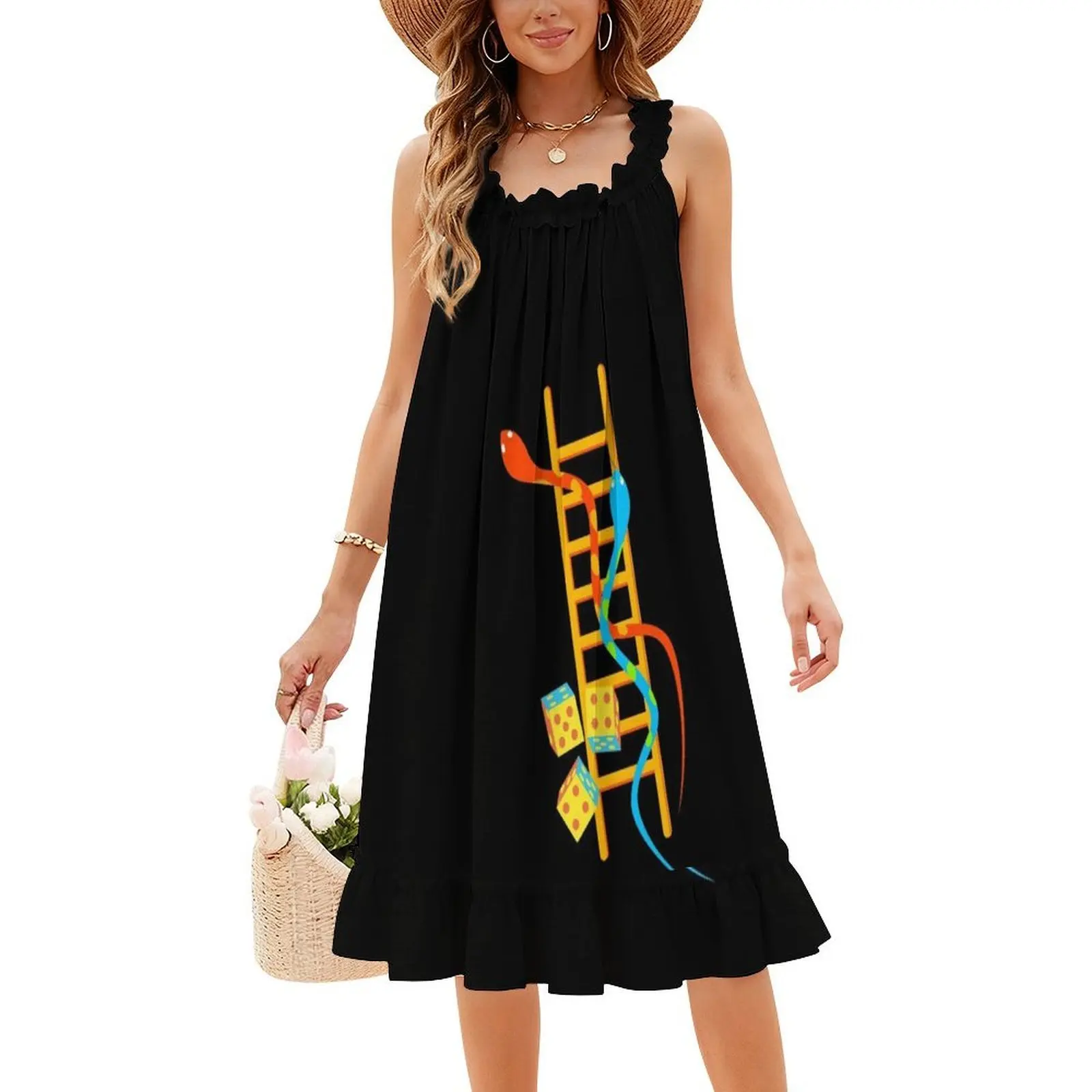 فستان بوهيمي بدون أكمام على شكل ثعابين وسلالم للنساء مطبوع فساتين حفلات الشاطئ Moksha Patam Board Game ألعاب كلاسيكية للسيدات #4