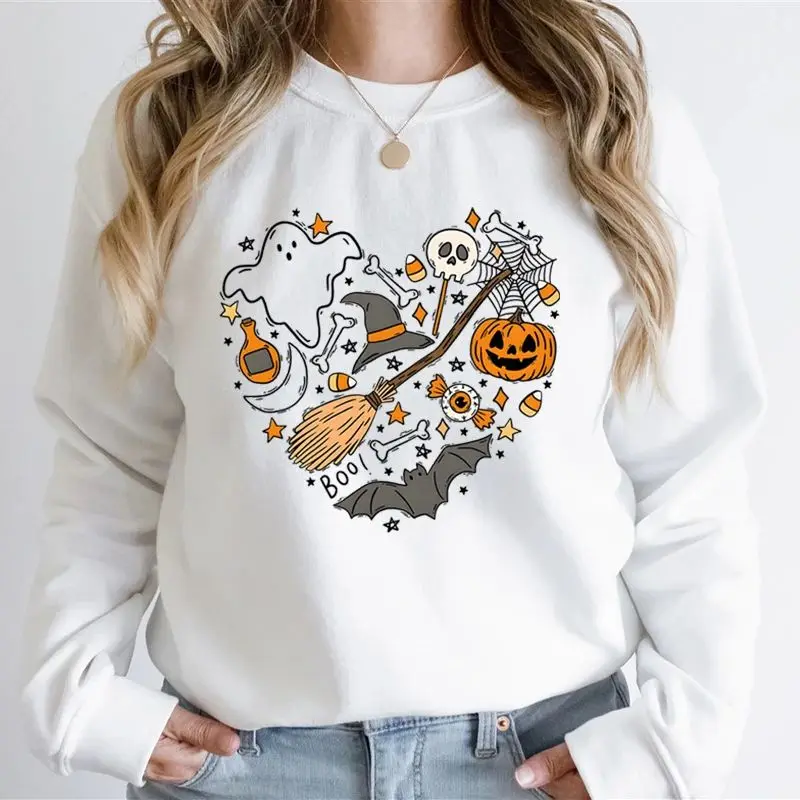 

Fall Sweatshirt Women Heart Pumpkin Skeleton Ghost Print Halloween Gifts Sweatshirts Funny Halloween Pumpkin Women Sweatshirts
