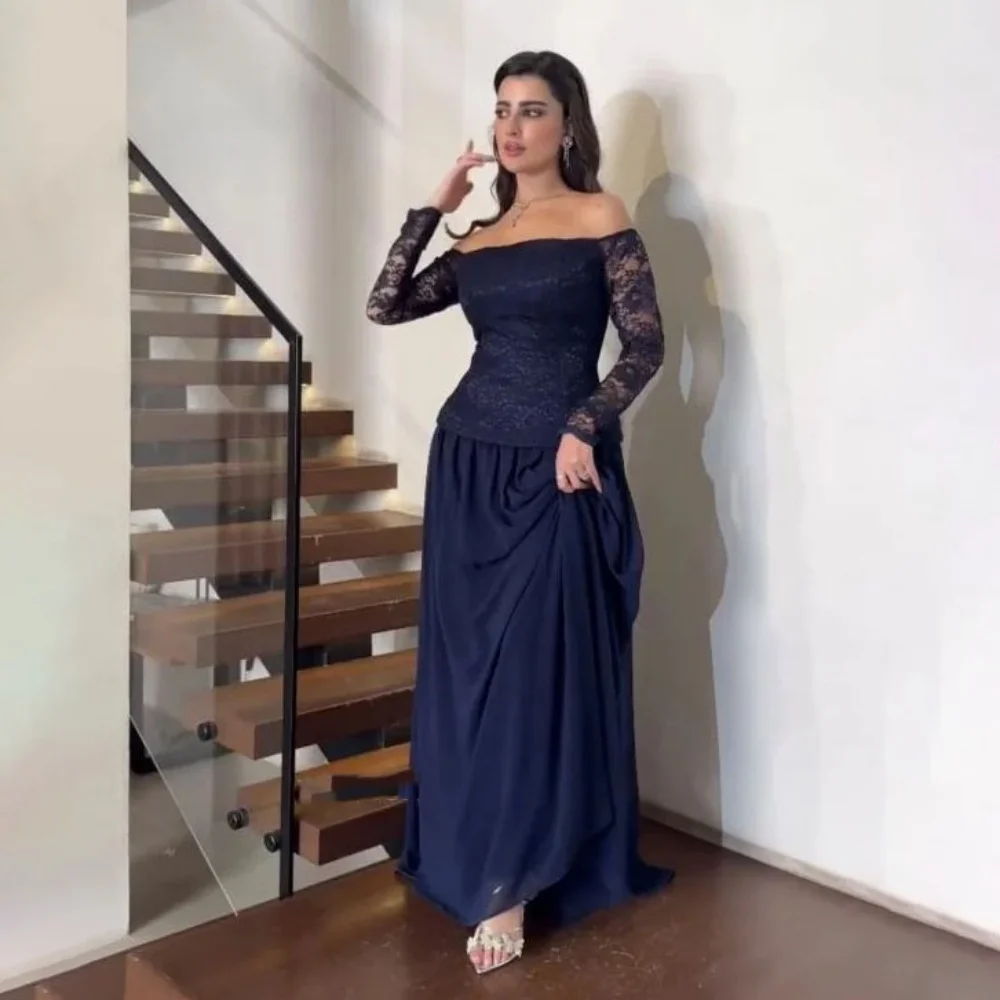 Sukienka na bal dla kobiet z wykwintną koronkową aplikacją, długi rękaw, urocza suknia wieczorowa w stylu syreny z dekoltem w łódkę, marszczona suknia na przyjęcie.