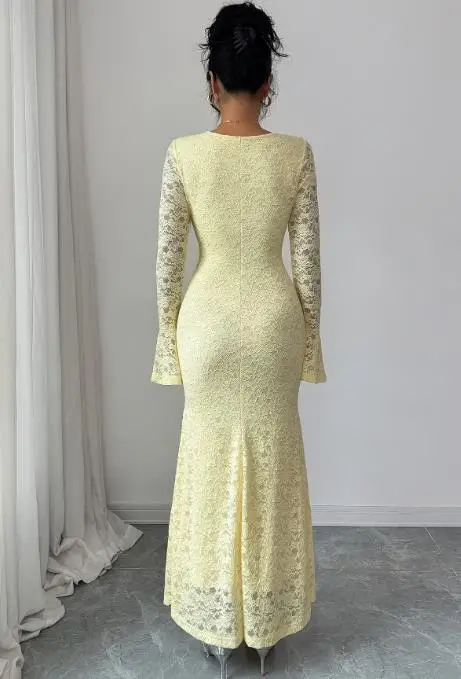 

Womens Dresses 2025 Spring Autumn New Solid Color Elegant and Sexy Lace Wrapped Butt Square Neck Long Sleeve Slim Long Dress