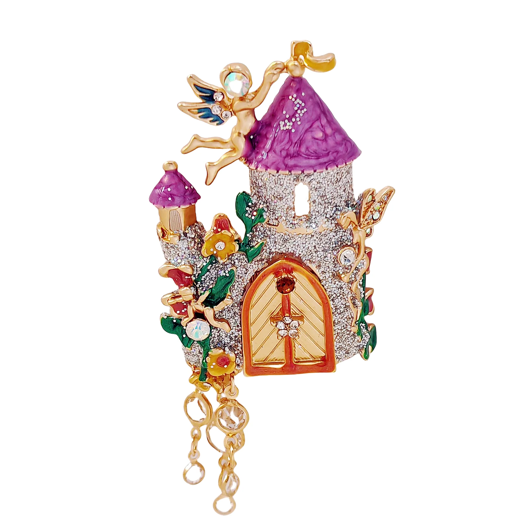 

Fantastic Angles and Sequins Enamel Fairy Castle Brooch with Tassel Drop