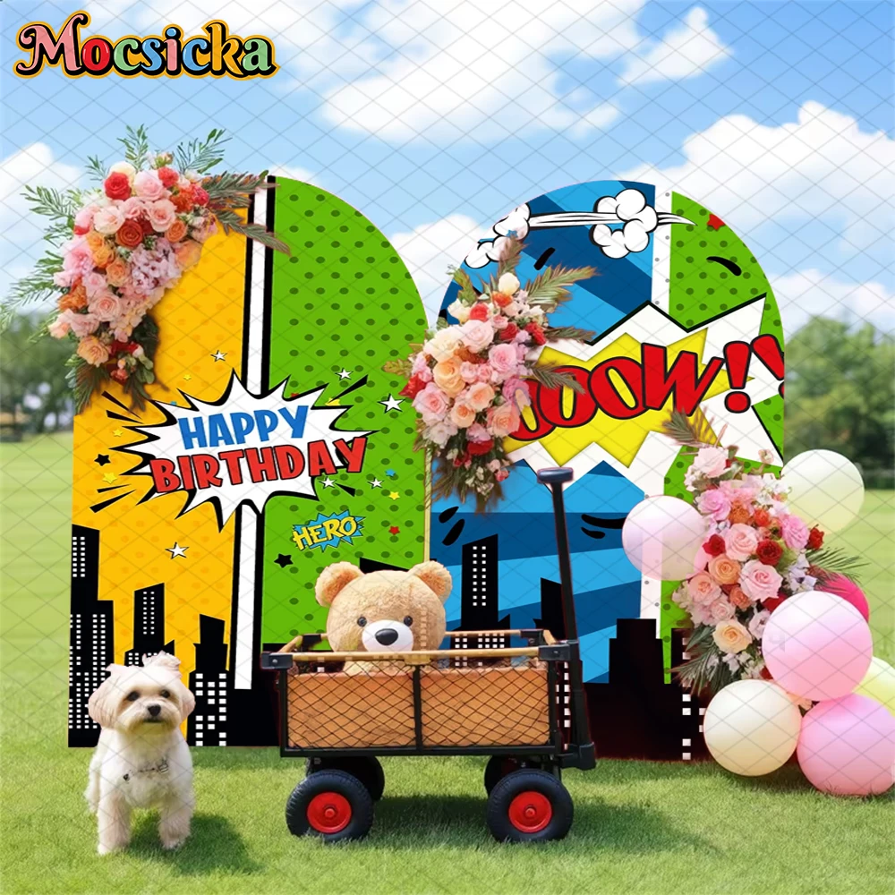 

Mocsicka Birthday Arch Backdrop Cover Elastic Doublefaced Super City Boom Building Skyscraper Party Decor Baby Arched Background