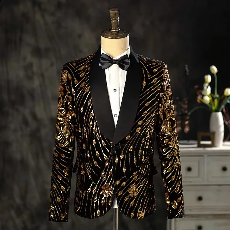 

Men's Black Gold Sequins Velvet Suit Jacket Slim Tuxedo Blazer for Groom Wedding Party Banquet Singer Concert Host Stage Wear