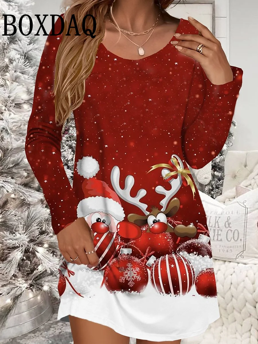 Autumn Winter Women Dresses Christmas Snowflake Print Dress Casual Party Clothing Long Sleeve Women\'s Loose A-Line Mini Dresses