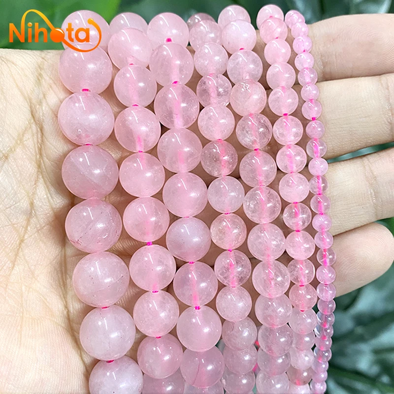 Natural Pink Quartz Crystals Smooth Round Beads 4/6/8/10/12mm For Jewelry Making DIY Earrings Bracelet Accessories 15'' Strand